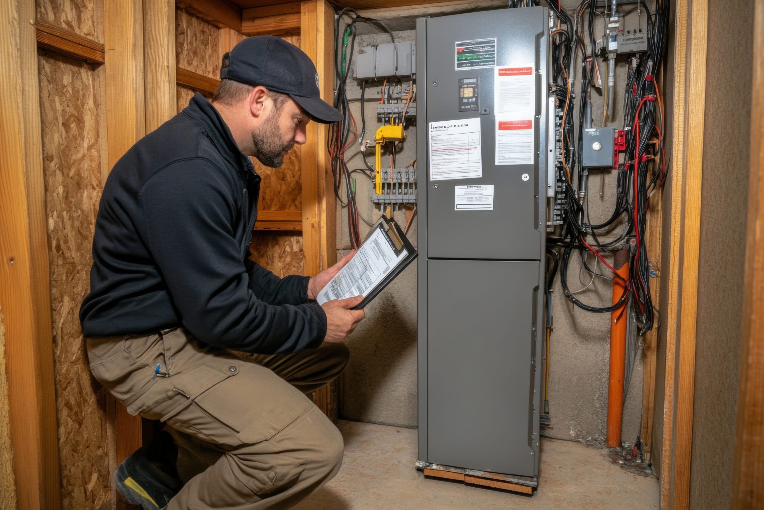 Home inspector carefully checking an electrical panel REKYL 5